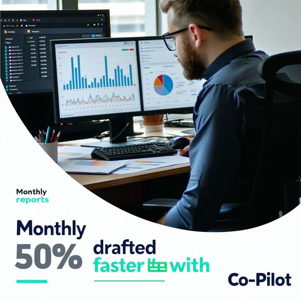Visual A finance director working on spreadsheets graphs of revenue  forecasts visible Overlay TextMonthly reports drafted 50 faster with CoPilot-1